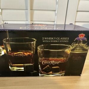 Crown Royal Whiskey Gift Set - 2 Rocks Glasses & 4 Whiskey Stones Vintage NIB